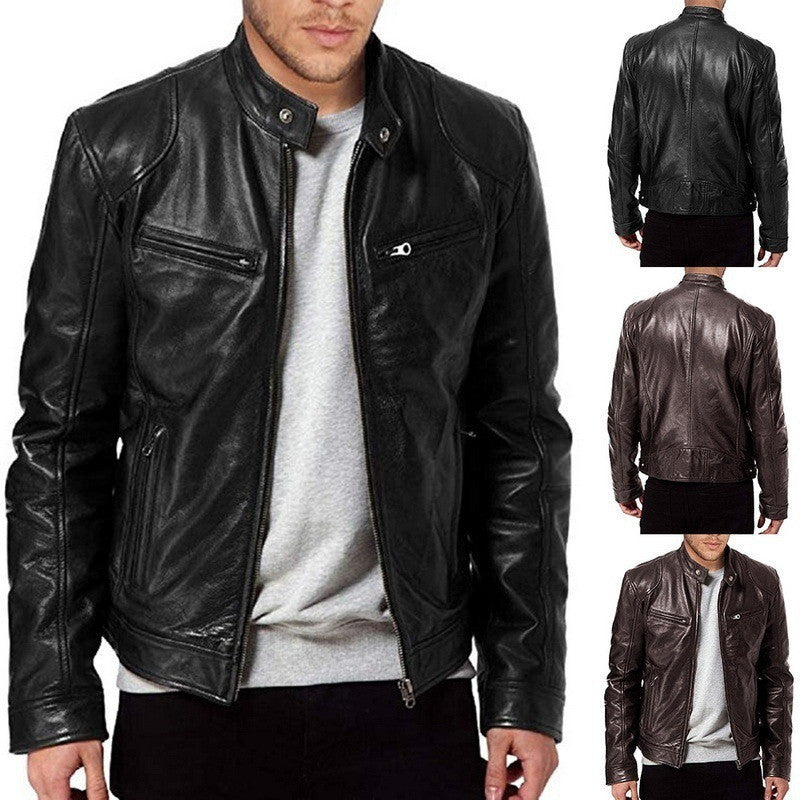 Veste homme en simili-cuir PU zippée, col montant, avec poches tendance et coupe courte. - StyleZenTech