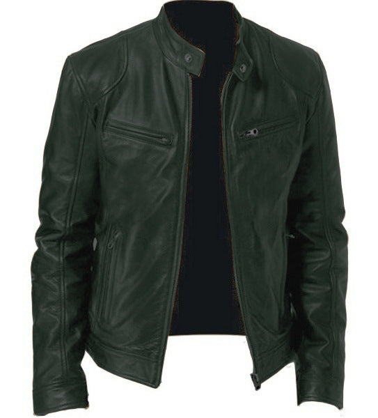 Veste homme en simili-cuir PU zippée, col montant, avec poches tendance et coupe courte. - StyleZenTech