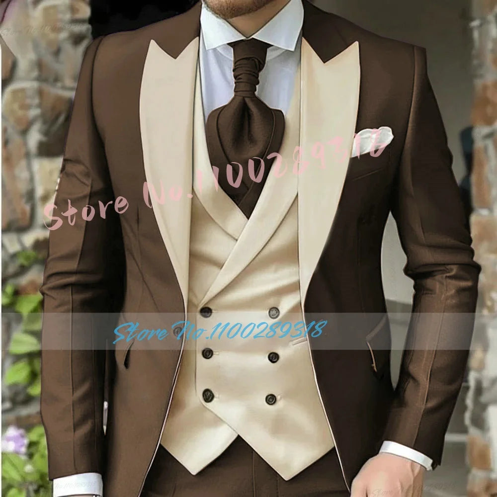 Classic Dark Brown Men's Wedding Suit - 3 Piece Custom Made (Jacket, Vest, Pants) - Formal &amp; Business Attire.