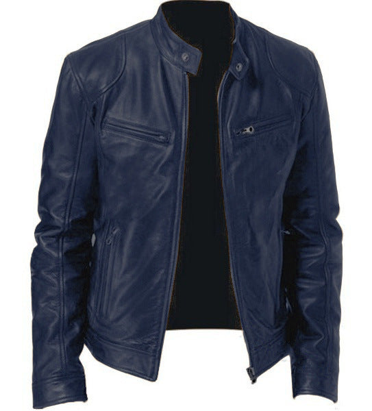Veste homme en simili-cuir PU zippée, col montant, avec poches tendance et coupe courte. - StyleZenTech